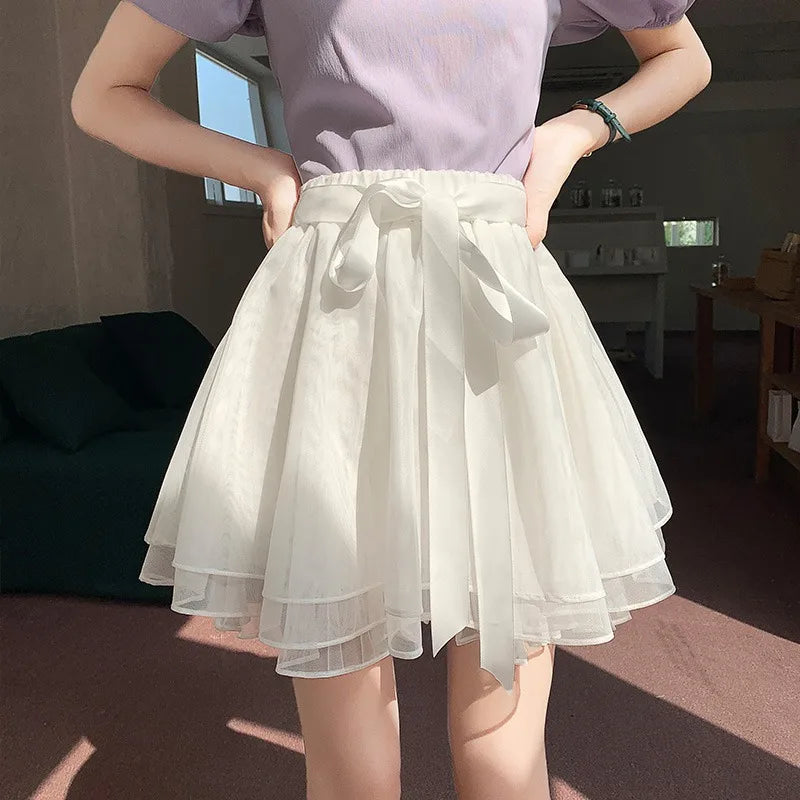 Korean Fashion Sweet Mini Skirts Women Lace Patchwork A-line Elastic High Waist Mesh Skirt with Shorts Faldas Ajustadas Dropship