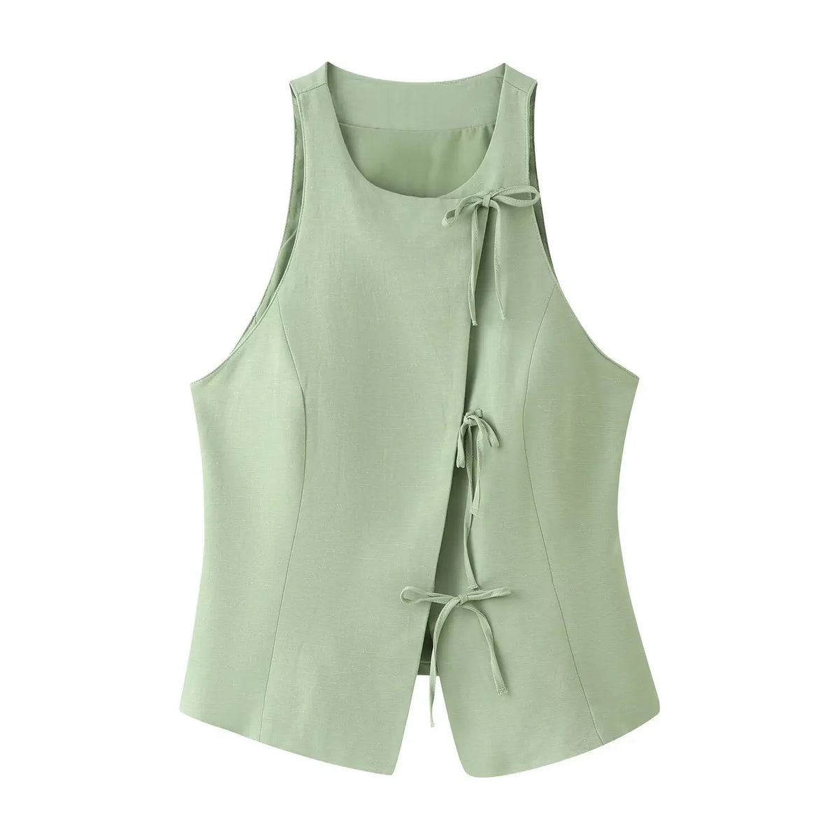 Women Green Bowknot Wide-leg Pant Suits Chic Solid Sleeveless Lace Up Slim Fit Long Pant Sets 2026 Lady Daily Street Outfits New