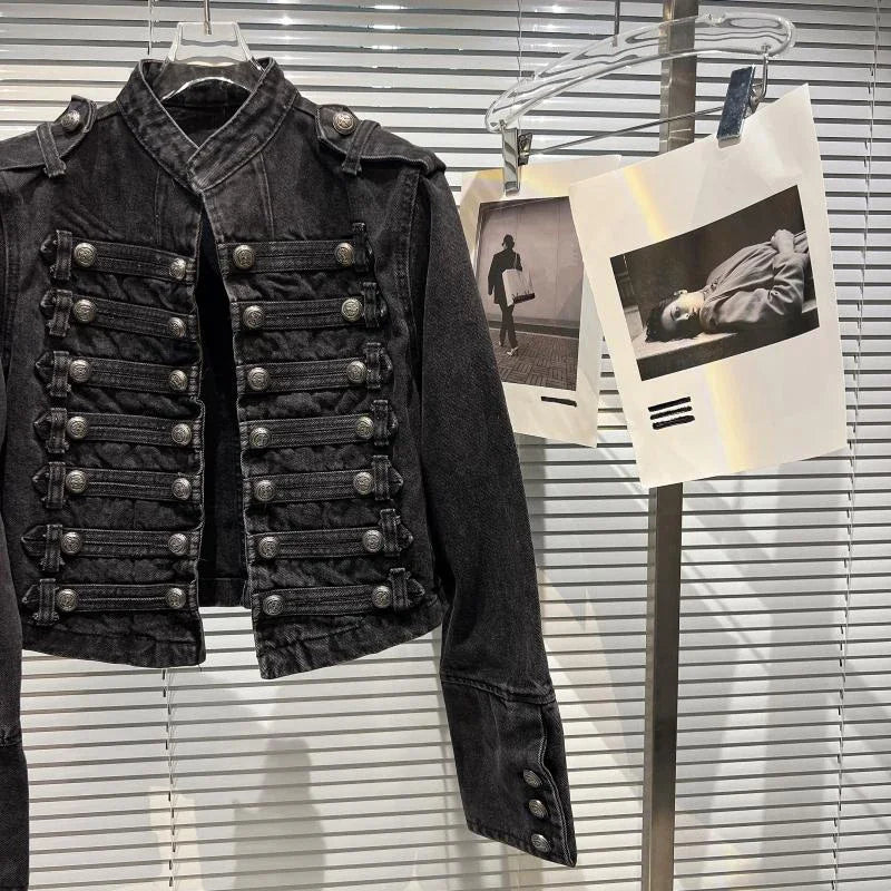 Punk Style Black Stand Up Collar Denim Jackets Vintage Washed Motor Coat For Women 2025 Autumn New Loose Long Sleeve Outerwear