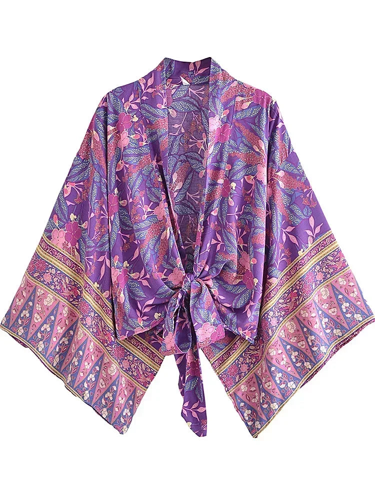 Boho Queens Women Purple Floral Print Outfits Short Kimono Robe Bohemian Suits Wide Leg Pants 2 Pieces Rayon Boho Sets Swimsuit