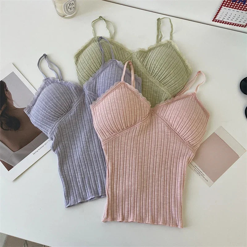 French Lace Deep V-neck Tank Tops Small Women Backless Outer Wear Inner Wear Short Base Shirt Top with Chest Pad