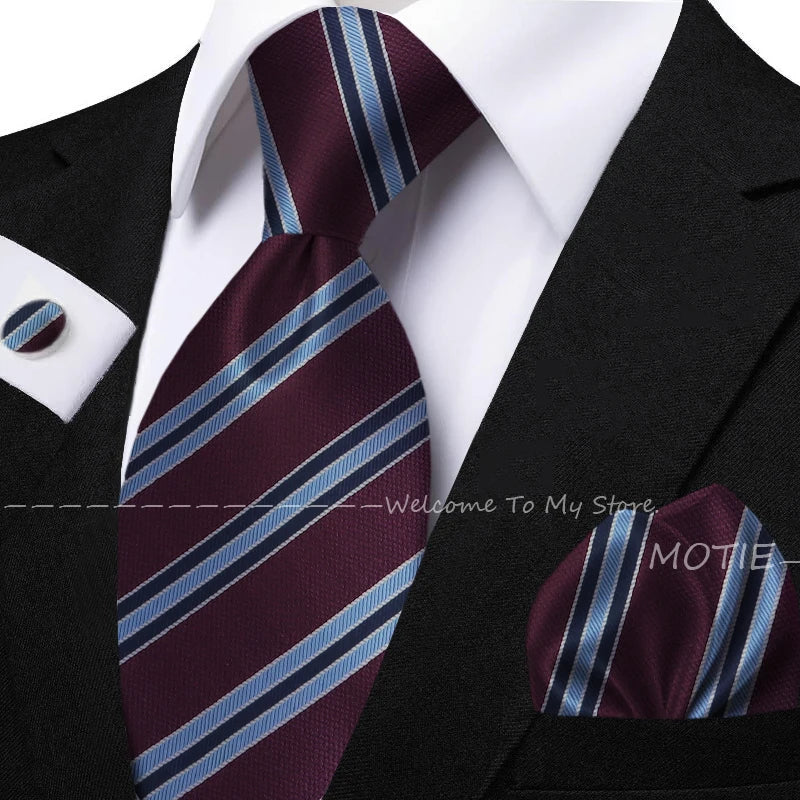 New Classic Striped Jacquard Tie Set Include Purple Polyester Pocket Square As Daily Wear Party Wedding Stylish Accessories Gift