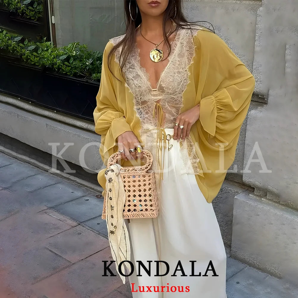 KONDALA Elegant Women Yellow Chiffon Blouse Lace Bow Long Flare Sleeve Loose Blouse Fashion 2026 Spring Summer Holiday Blouse