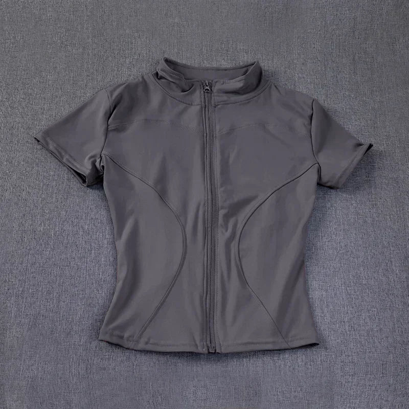 Women Zipper Yoga T-shirt Summer High Quality Waist Slimming Training Tops Workout Running Half Collar Short Sleeves Yoga Shirts
