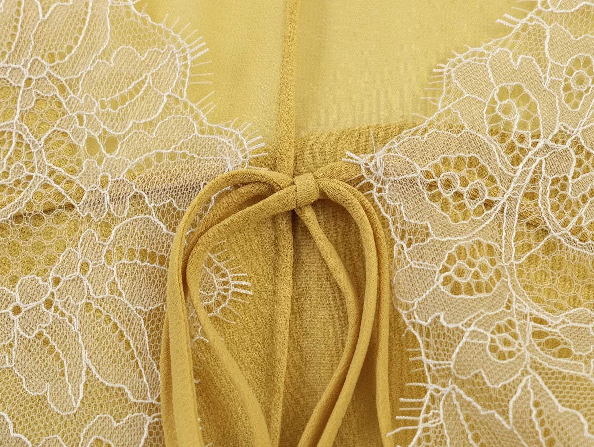 KONDALA Elegant Women Yellow Chiffon Blouse Lace Bow Long Flare Sleeve Loose Blouse Fashion 2026 Spring Summer Holiday Blouse