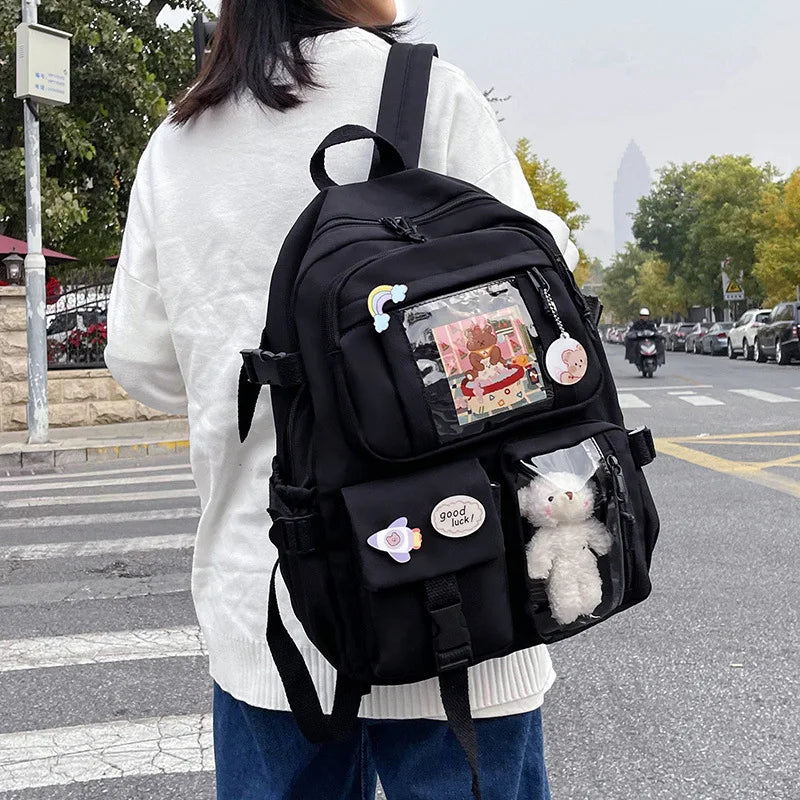 Buckle Badge School Backpack Candy Color Fashion Cute Schoolbag Korean Style Shoulder Student Bag Teenage Girls College Backpack