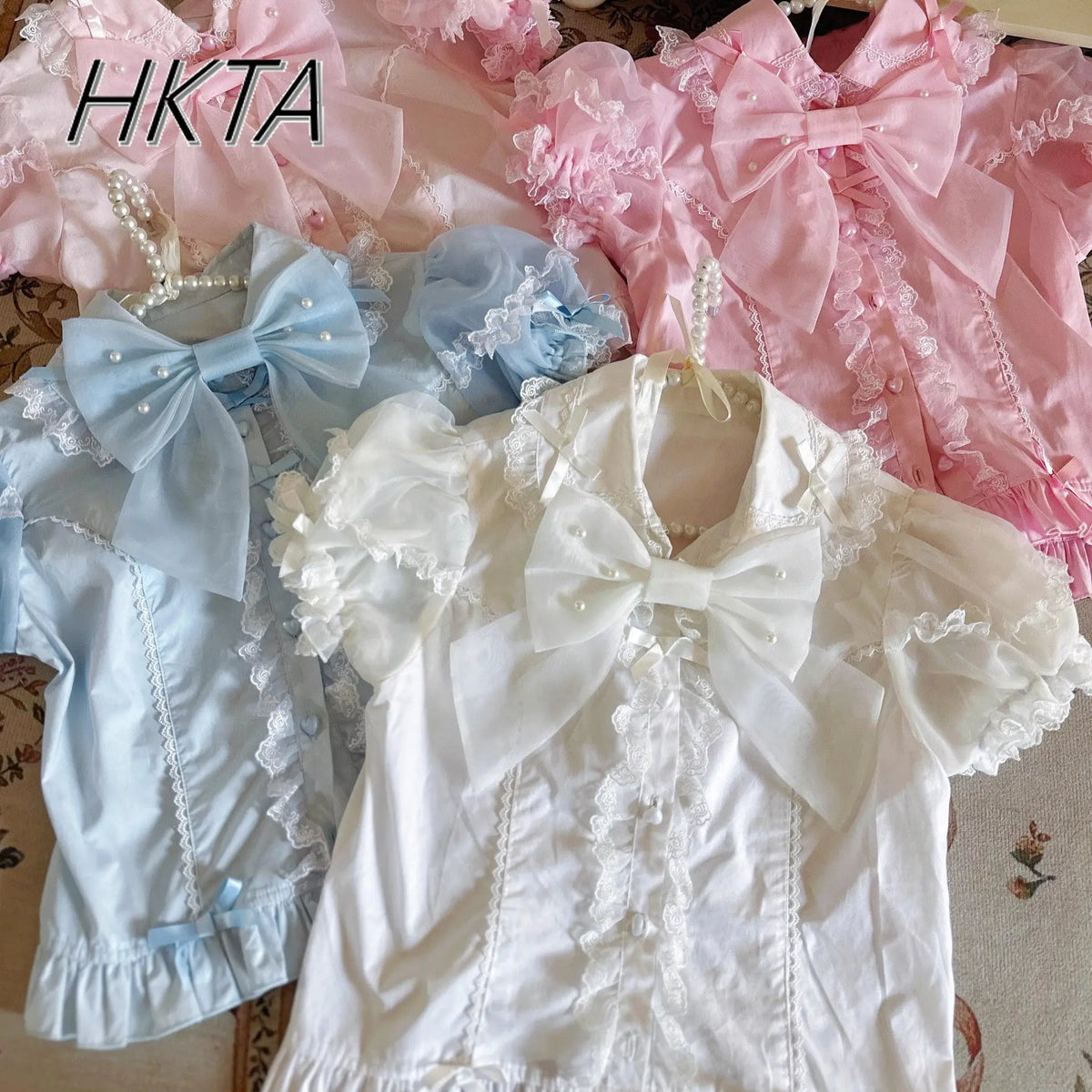 Cute Sweet Lolita Girls Shirt 2025 Summer New Bubble Short-sleeved Shirts Doll Collar Single-breasted Candy-colored Blouse Top