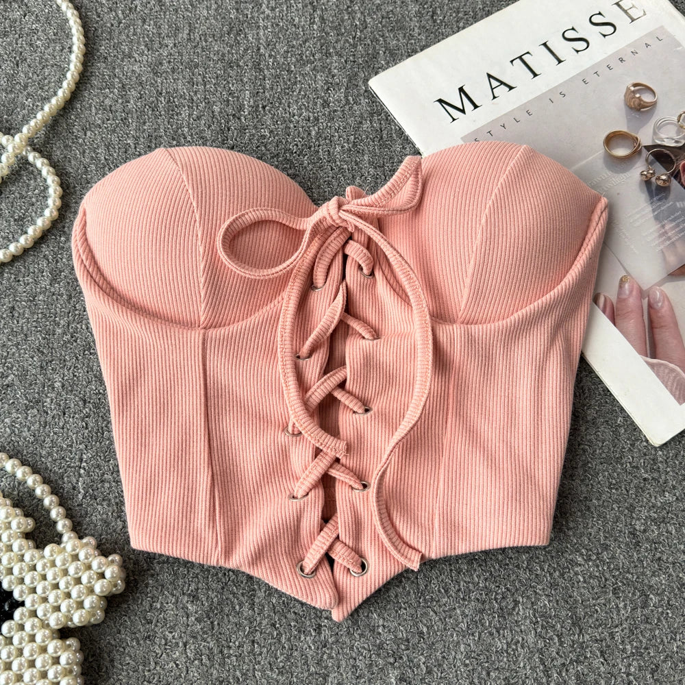 Backless Women Tank Tops New Arrival Slash Neck Build in Bra Bare Midriff Lace Up Skinny Camis Summer Vintage Gallus Dropship