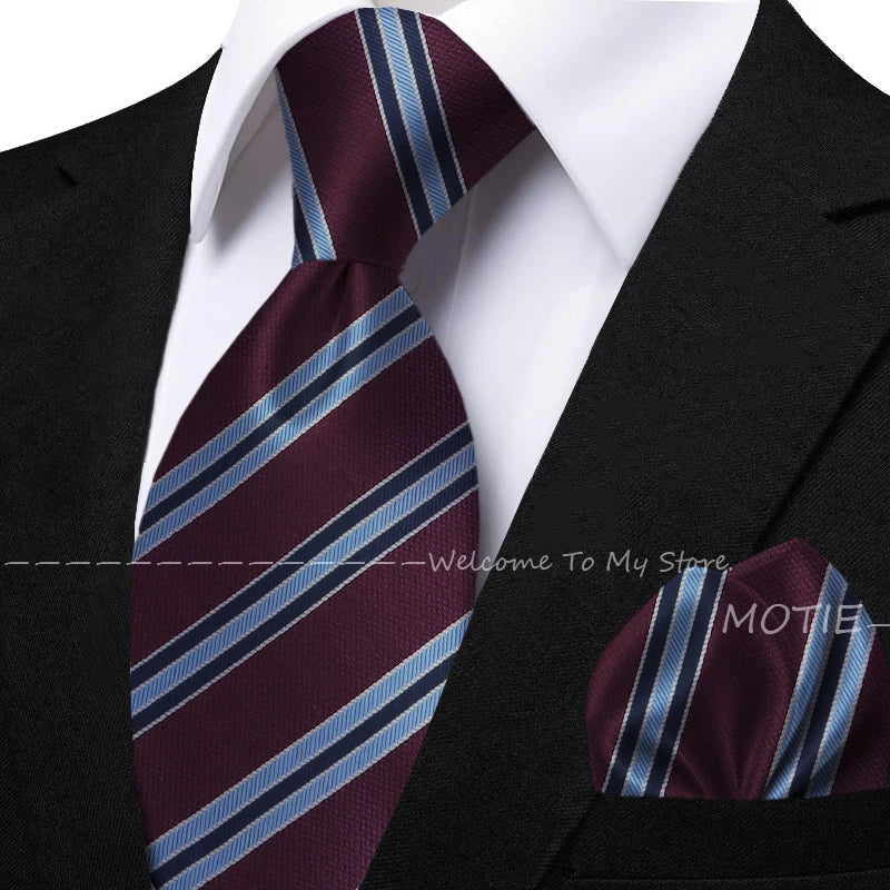 New Classic Striped Jacquard Tie Set Include Purple Polyester Pocket Square As Daily Wear Party Wedding Stylish Accessories Gift