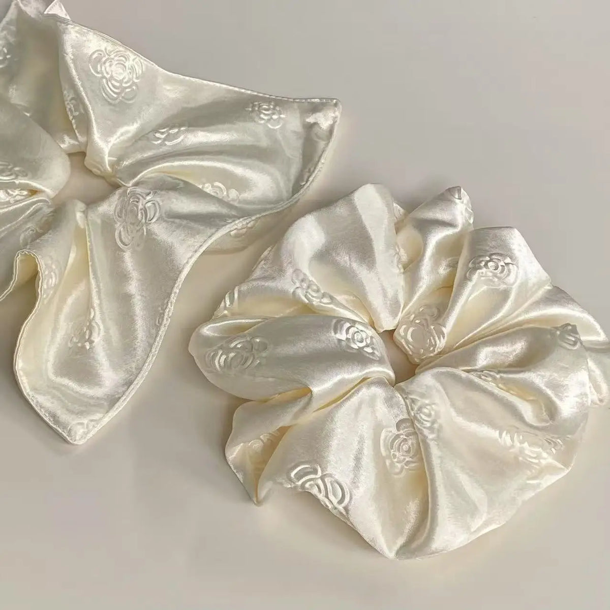 French high-end camellia cream white satin large intestine scrunchie square scarf fashion temperament women's hair accessories
