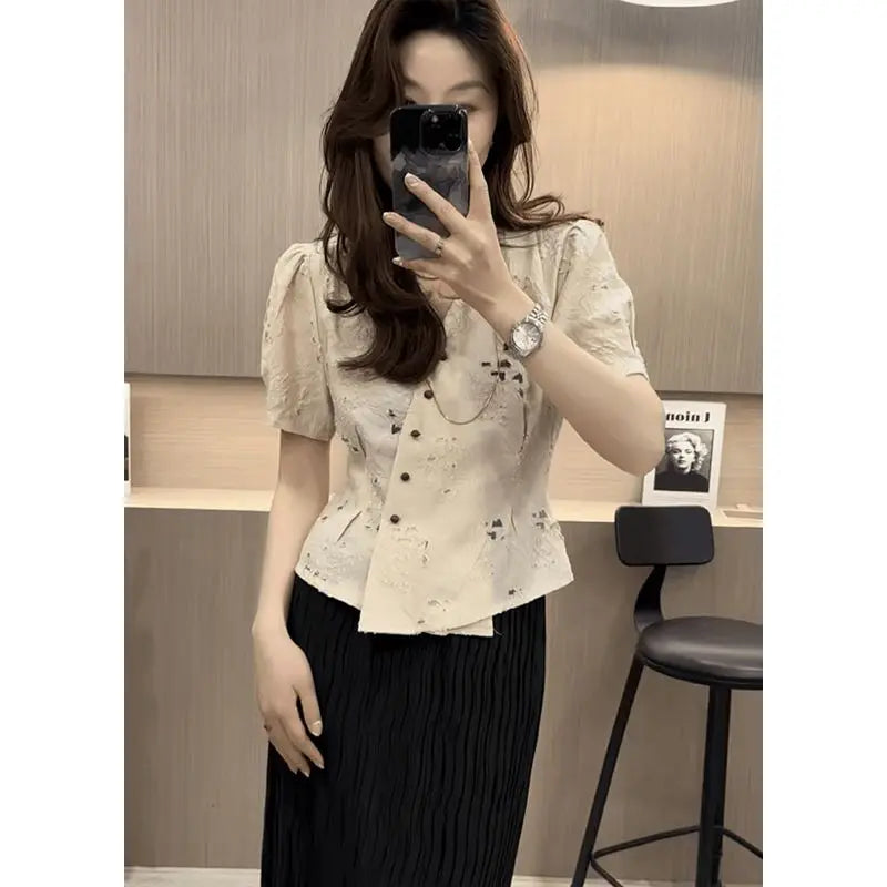 French V-neck Hollow Jacquard Shirt for Women New Puff Sleeves Single-breasted Temperament Waist-closed Short-sleeved Top