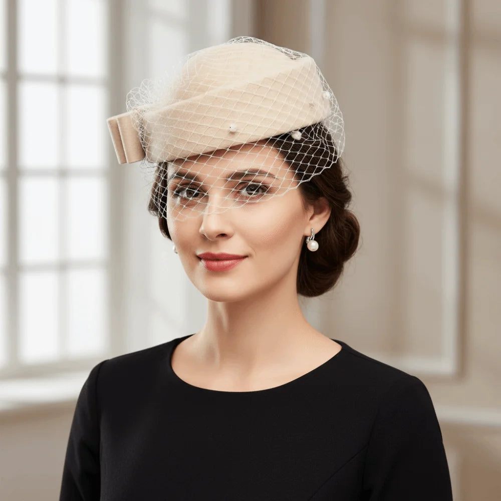 Fashion Mesh Wool Bow Hat with Veil British Style Cashmere Pillbox Hat Photography Decoration Warm Stewardess Cap Autumn Winter