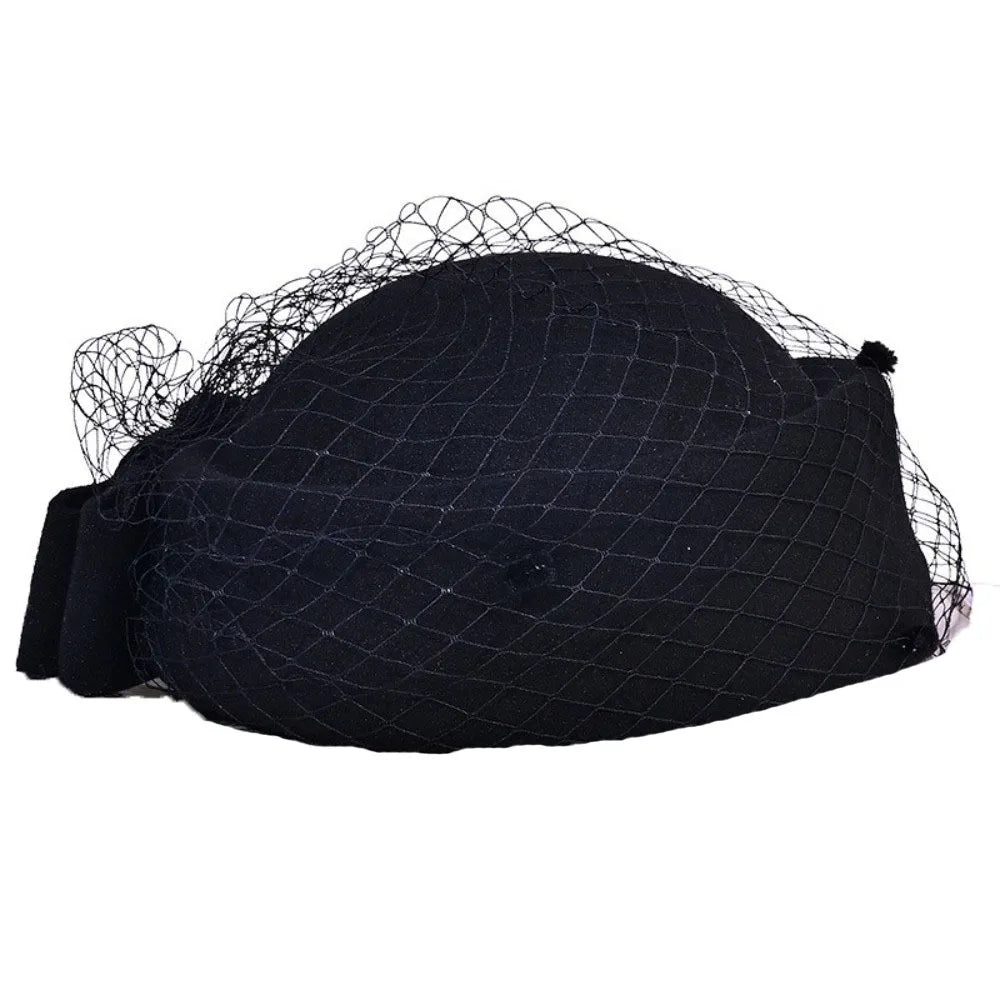 Fashion Mesh Wool Bow Hat with Veil British Style Cashmere Pillbox Hat Photography Decoration Warm Stewardess Cap Autumn Winter