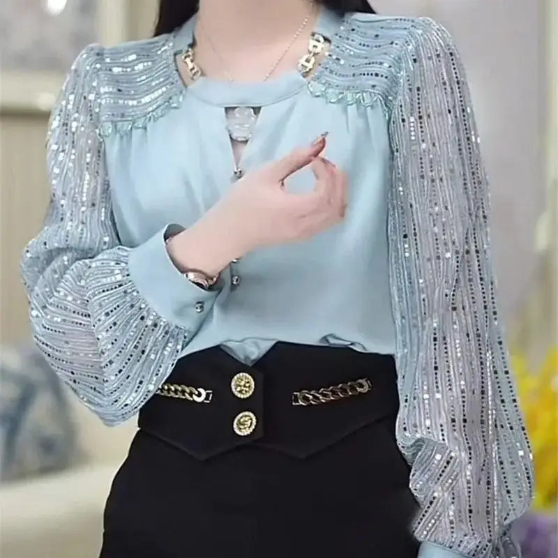 Limiguyue French Luxury Bead Blouse Autumn Design O-neck Chain Shirt for Women Long Sleeve Patchwork Pullover Tops High-end 524P