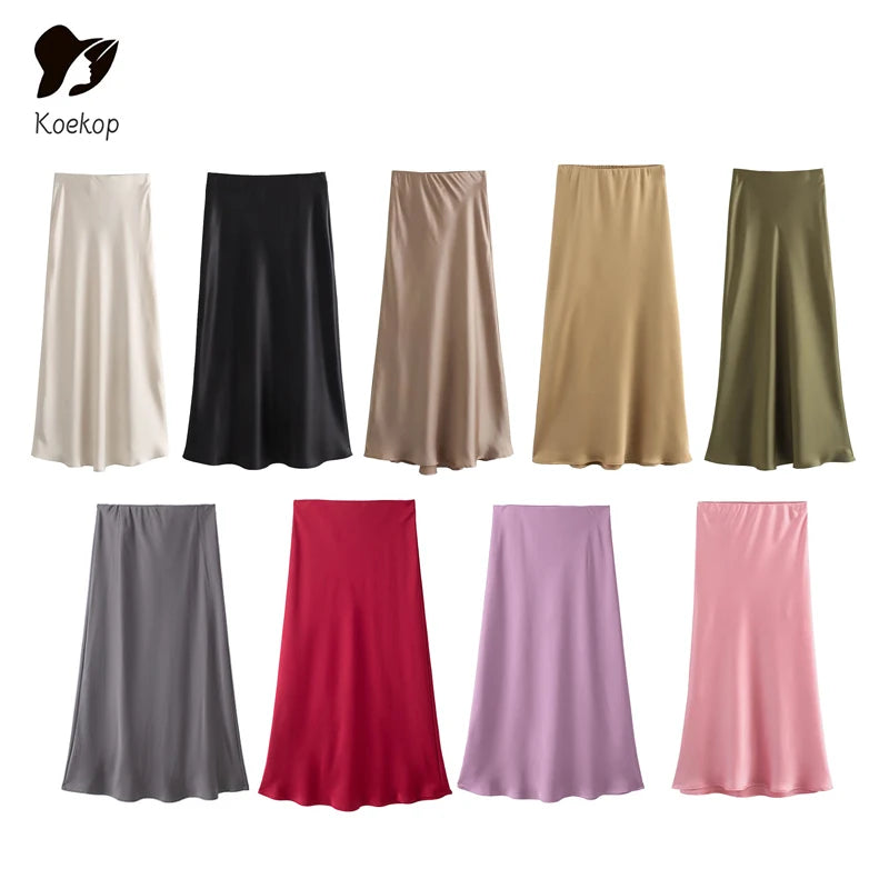Koekop Woman 2024 Satin Skirt  For Women Summer Black Midi Skirt Office Elegant Women's Skirts Women High Waist Long Skirts