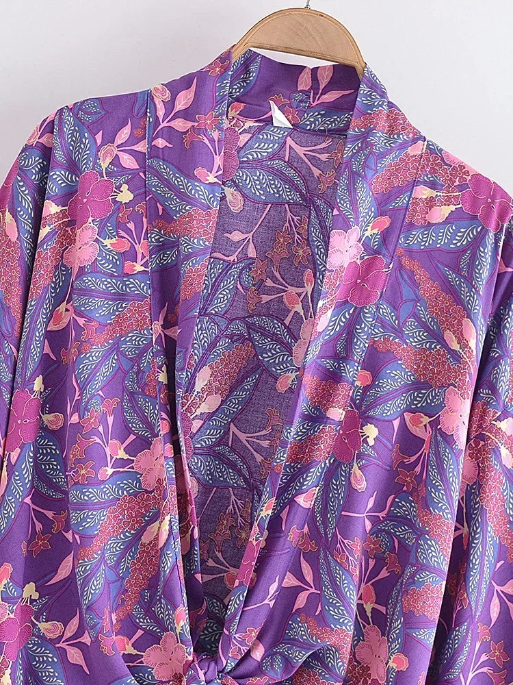 Boho Queens Women Purple Floral Print Outfits Short Kimono Robe Bohemian Suits Wide Leg Pants 2 Pieces Rayon Boho Sets Swimsuit