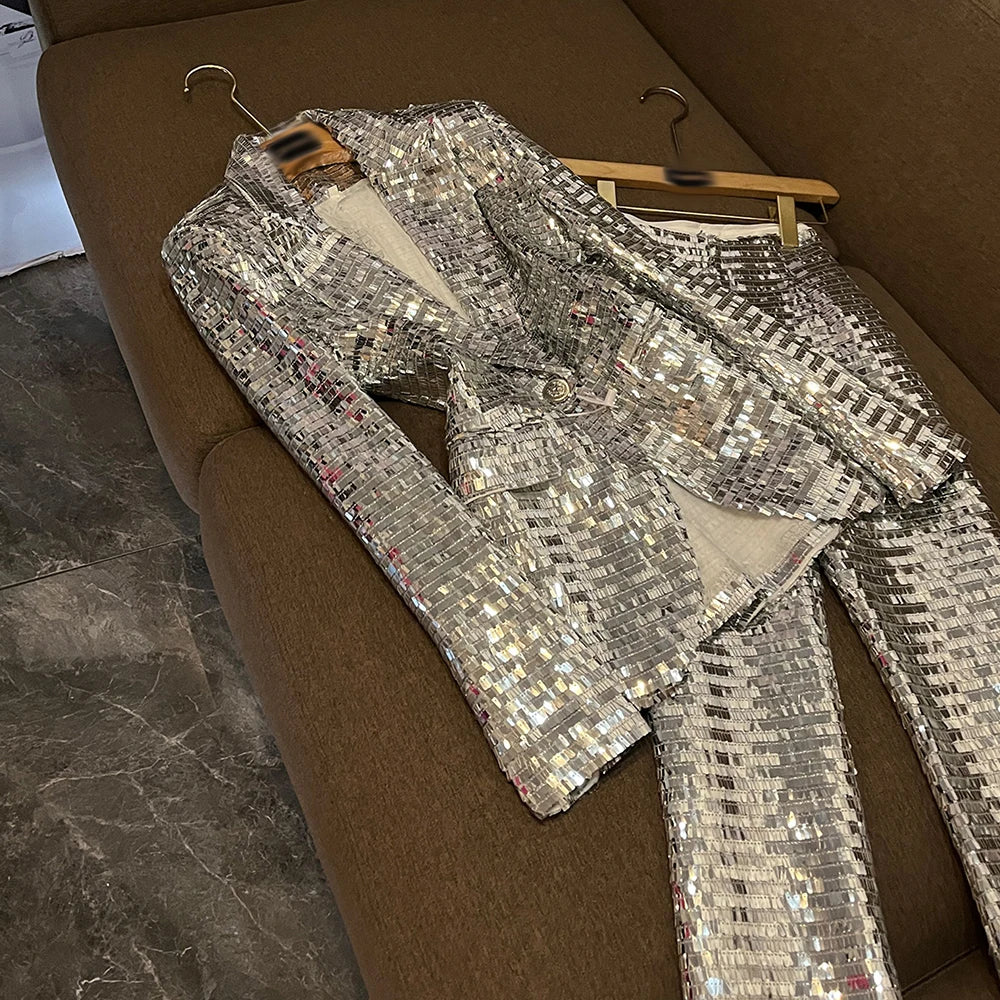 TWOTWINSTYLE Solid Sequin Two Piece Sets For Women Lapel Long Sleeveltop High Waist Pants Elegant Set Female Fashion KSE527441