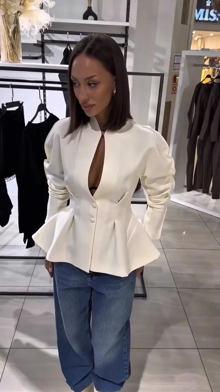 Elegant Waist Cinching Short Pleated Jackets Women Chic Stand Collar Double Buttons A-line Coat 2026 Spring Lady Commute Jacket