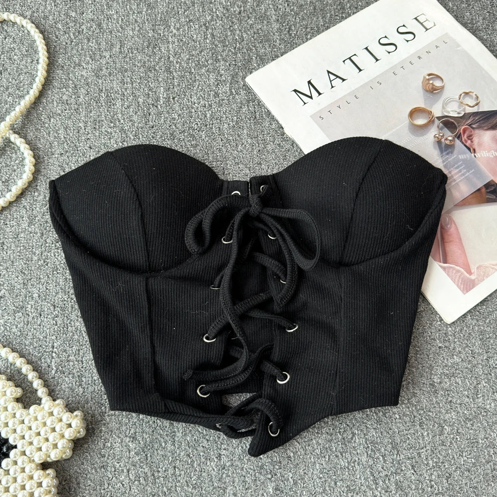 Backless Women Tank Tops New Arrival Slash Neck Build in Bra Bare Midriff Lace Up Skinny Camis Summer Vintage Gallus Dropship