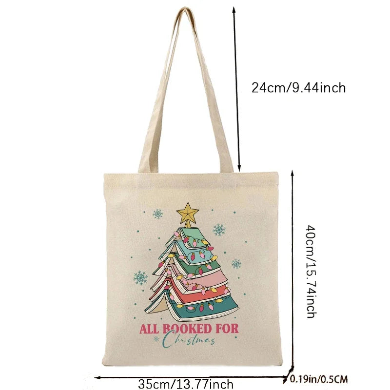 Christmas Book Tree Pattern Canvas Tote Bag Christmas Gift for Teacher Book Lovers Christmas Gift Large Capacity Shopping Bag