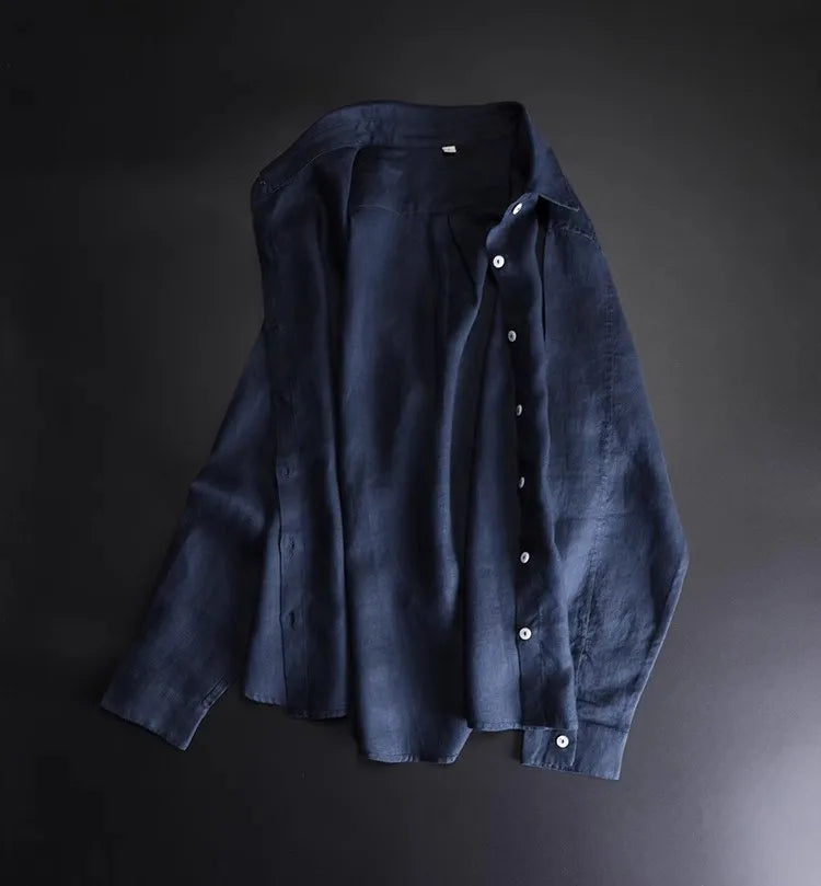 Navy Blue Full Linen Shirt Women's Long-Sleeved Spring and Summer Rain Dew Linen Shirt Loose Large Size Cotton and Linen Top Sun