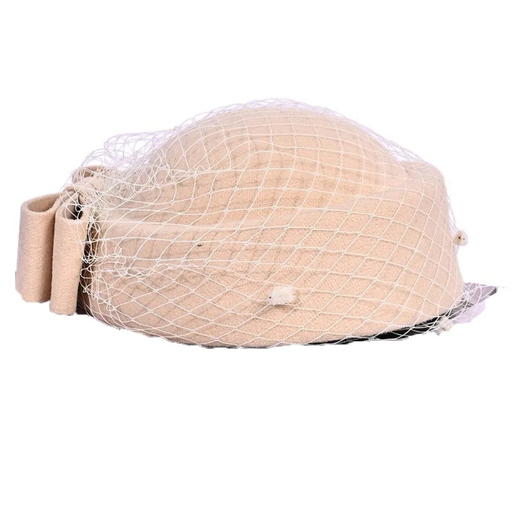 Fashion Mesh Wool Bow Hat with Veil British Style Cashmere Pillbox Hat Photography Decoration Warm Stewardess Cap Autumn Winter