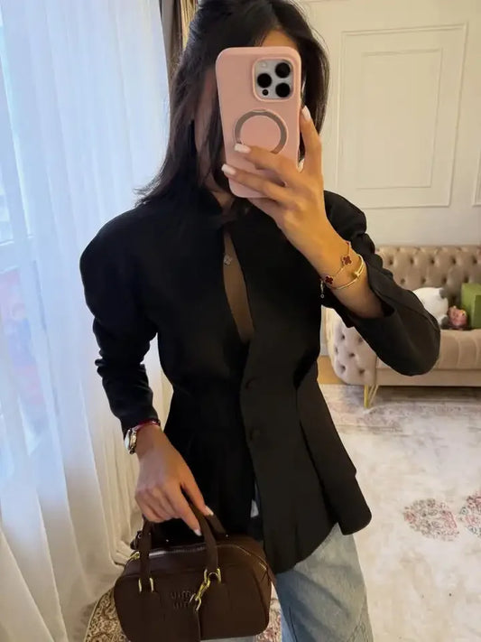Elegant Waist Cinching Short Pleated Jackets Women Chic Stand Collar Double Buttons A-line Coat 2026 Spring Lady Commute Jacket
