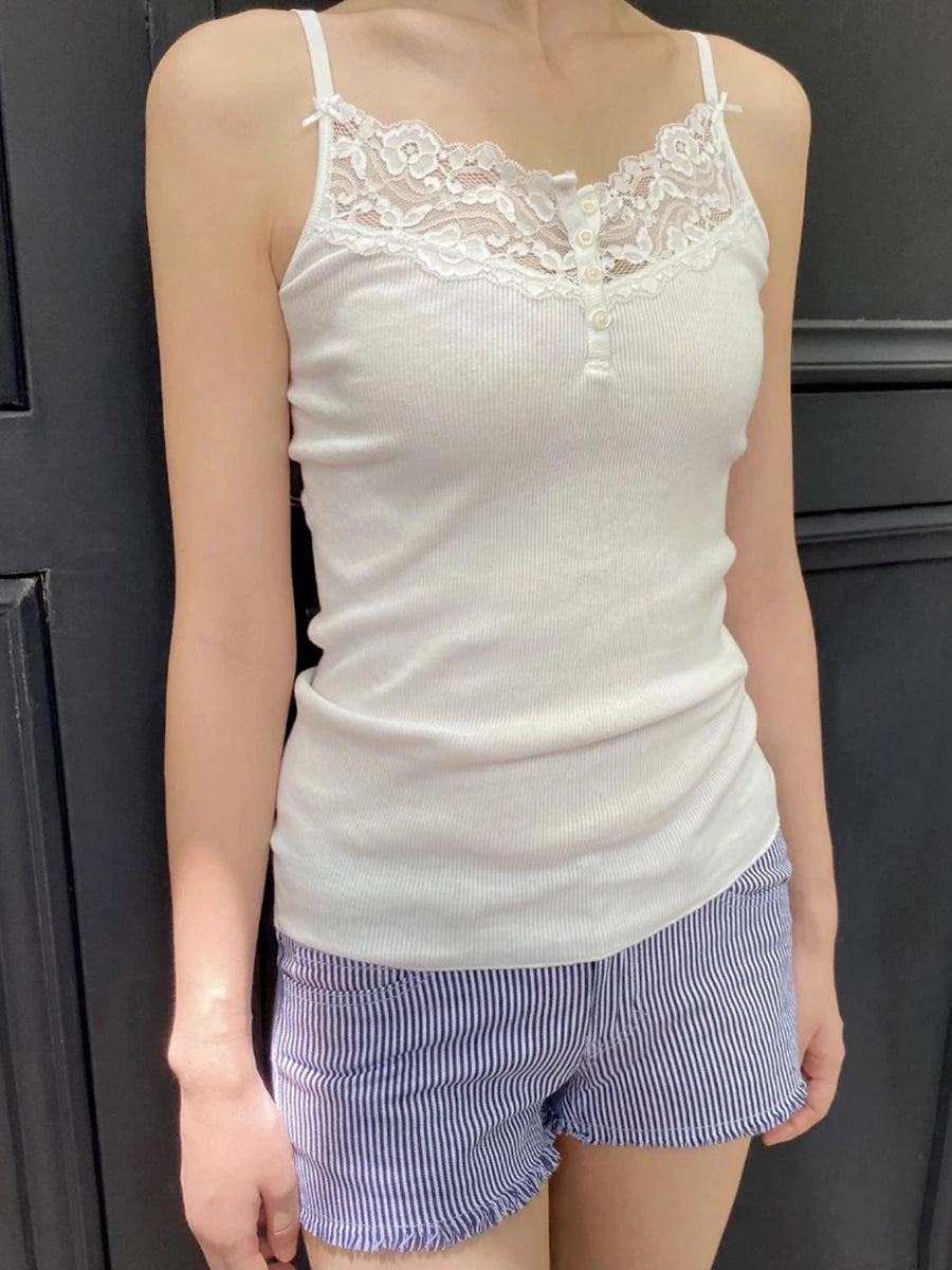 Lace Trim Buttons Ribbed Slim Tank Top Woman Summer Sleeveless Cotton White Simple Vest Vintage Sweet Basic Camisole Y2k Tops