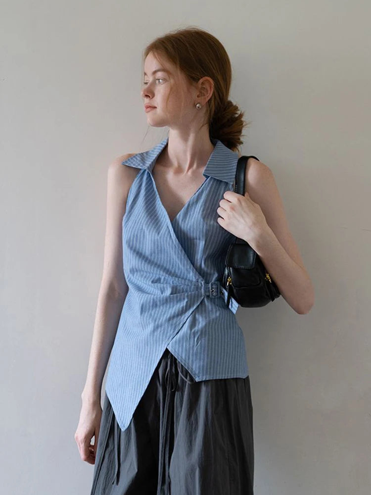 Zoki Sexy V Neck Slim Striped Tanks Women Vintage Sleeveless Irregular Tees American Retro Casual Summer Female Elegant New Tops
