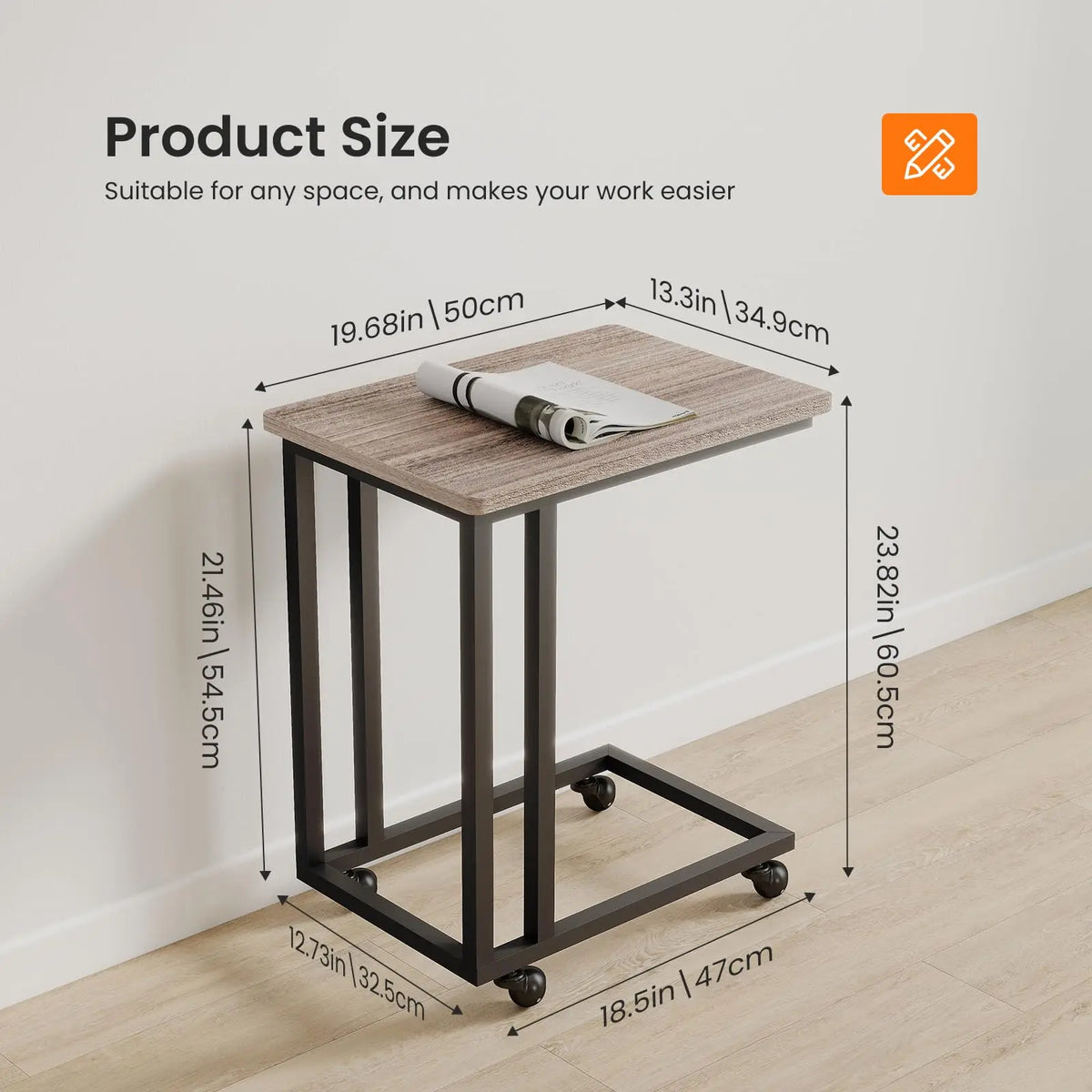 JHK Wood Sofa Table Overbed Bedside Desk Portable Rolling with Wheels Metal Frame Adjustable Feet  for Living Room Bedroom