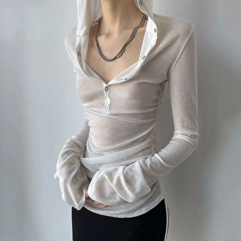 Summer Thin Women's Long Sleeve Top Streetwear Y2k Sexy See Through Hooded T-shirts Drawstring Slim Sun Protection White Tees