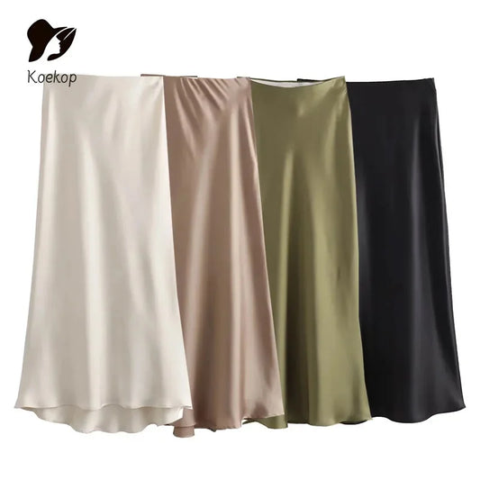 Koekop Woman 2024 Satin Skirt  For Women Summer Black Midi Skirt Office Elegant Women's Skirts Women High Waist Long Skirts