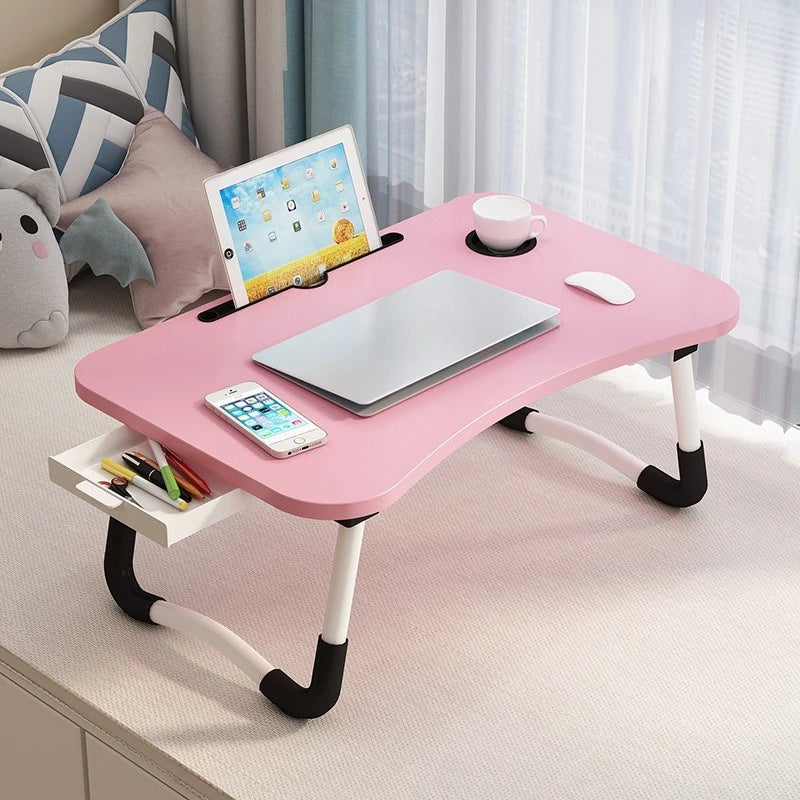 Folding Mini Table, Bed Tray Cup Holder Type Laptop Desk, Sitting Table, Cup Holder Drawer Tablet Stand, Folding Small Table