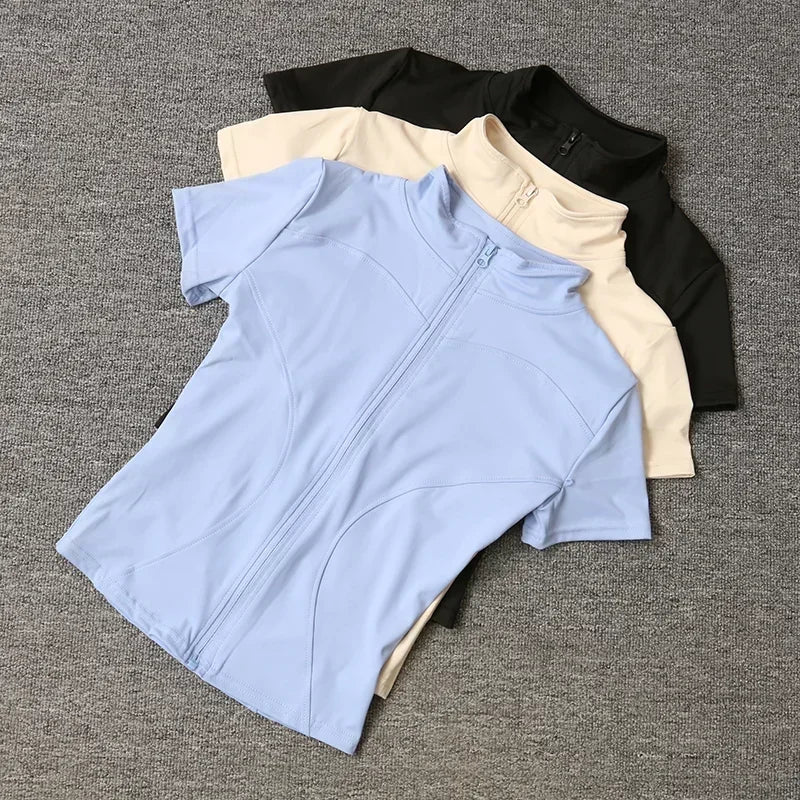 Women Zipper Yoga T-shirt Summer High Quality Waist Slimming Training Tops Workout Running Half Collar Short Sleeves Yoga Shirts