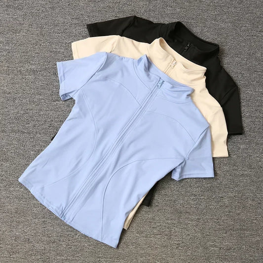 Women Zipper Yoga T-shirt Summer High Quality Waist Slimming Training Tops Workout Running Half Collar Short Sleeves Yoga Shirts