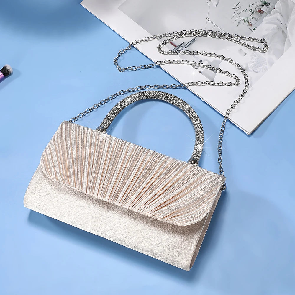 New pleated evening bag with diamond handle versatile for banquets and parties fashionable and stylish single-shoulder bag for