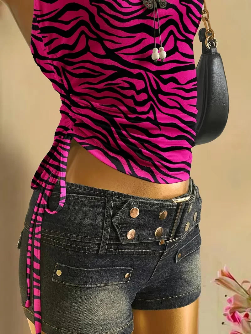 cropped top  Women's summer vacation pleated lace up leopard print vest, sleeveless zebra print top, pink zebra print top,