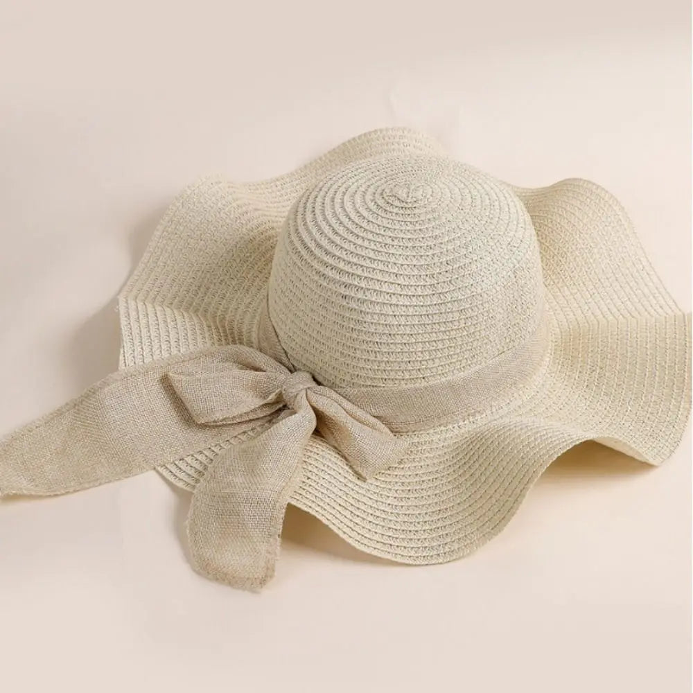 Foldable Beach Hat Fashion Wide Brim Bow Ribbons Travel Straw Hat Portable UV Protection Sun Visor Cap