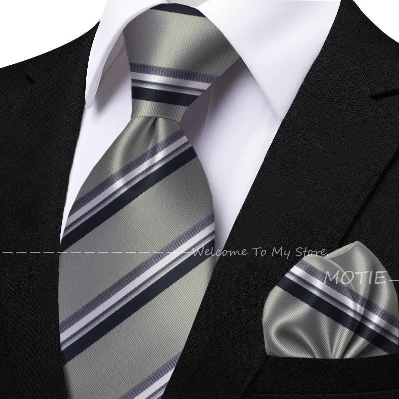 New Classic Striped Jacquard Tie Set Include Purple Polyester Pocket Square As Daily Wear Party Wedding Stylish Accessories Gift